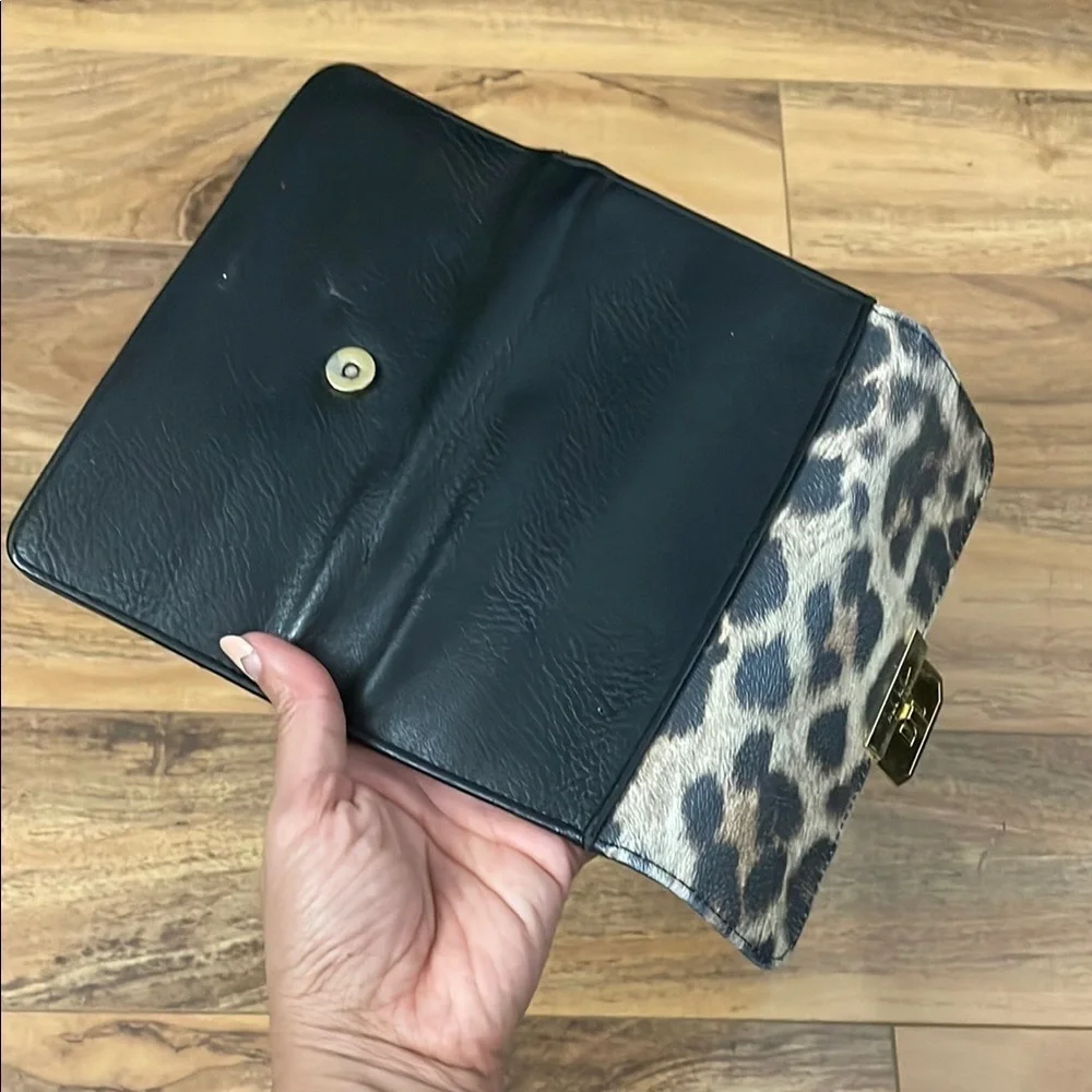 Nicole Miller Black Leather and Leopard Print Wallet with Gold Hardware